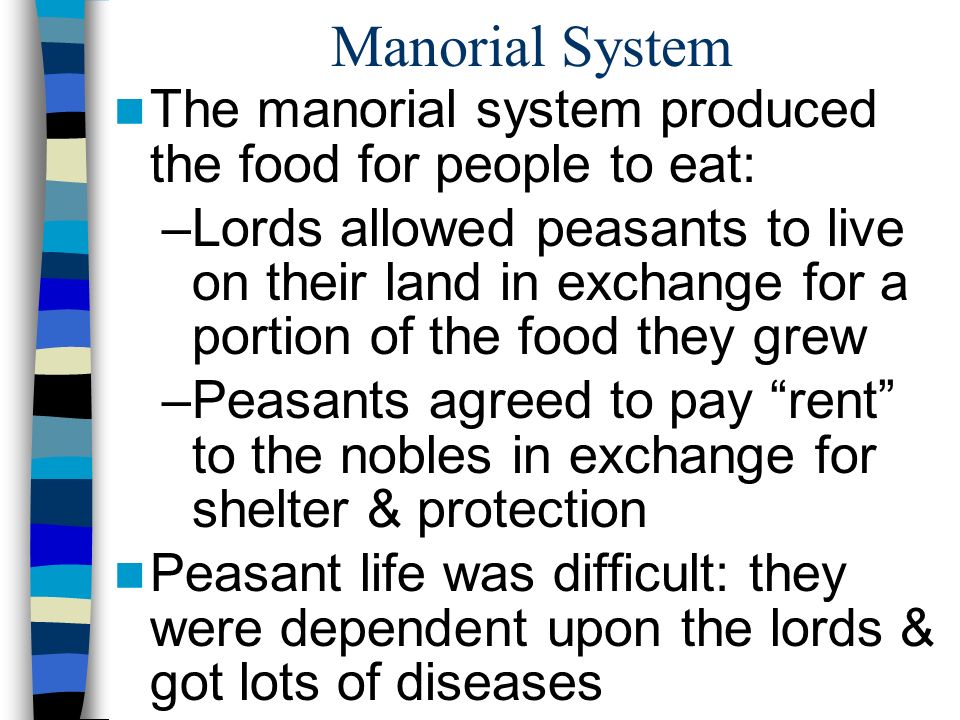 Manorial System The manorial system produced the food for people to eat: