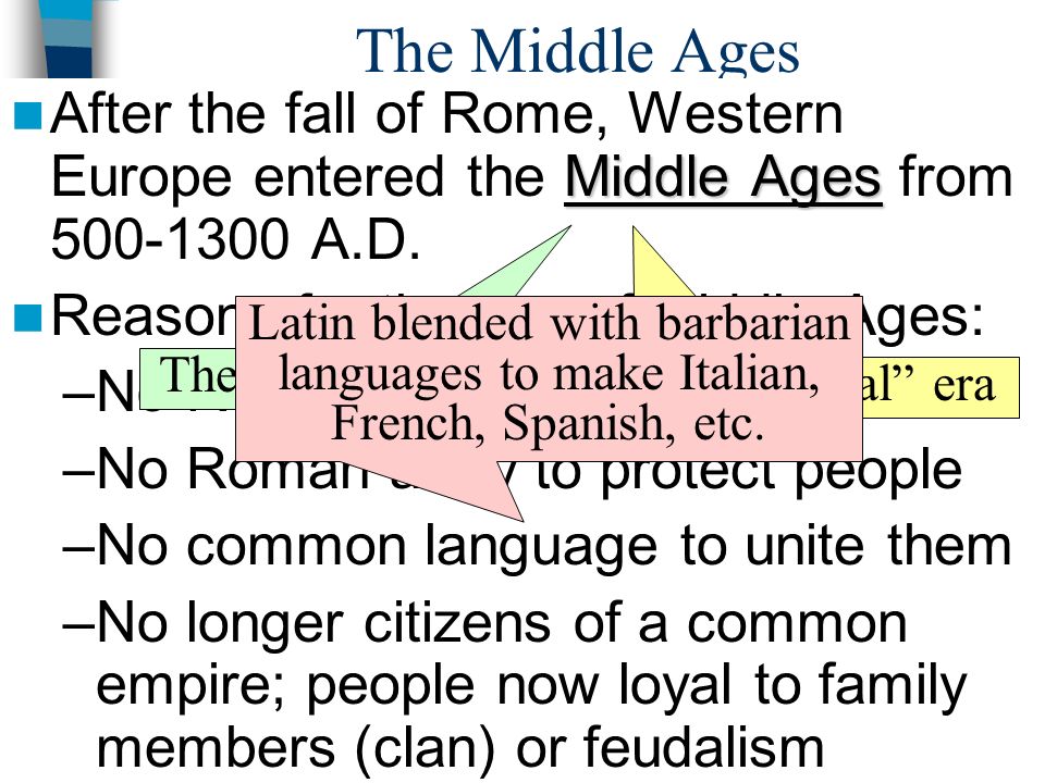 The Middle Ages After the fall of Rome, Western Europe entered the Middle Ages from A.D. Reasons for the rise of Middle Ages: