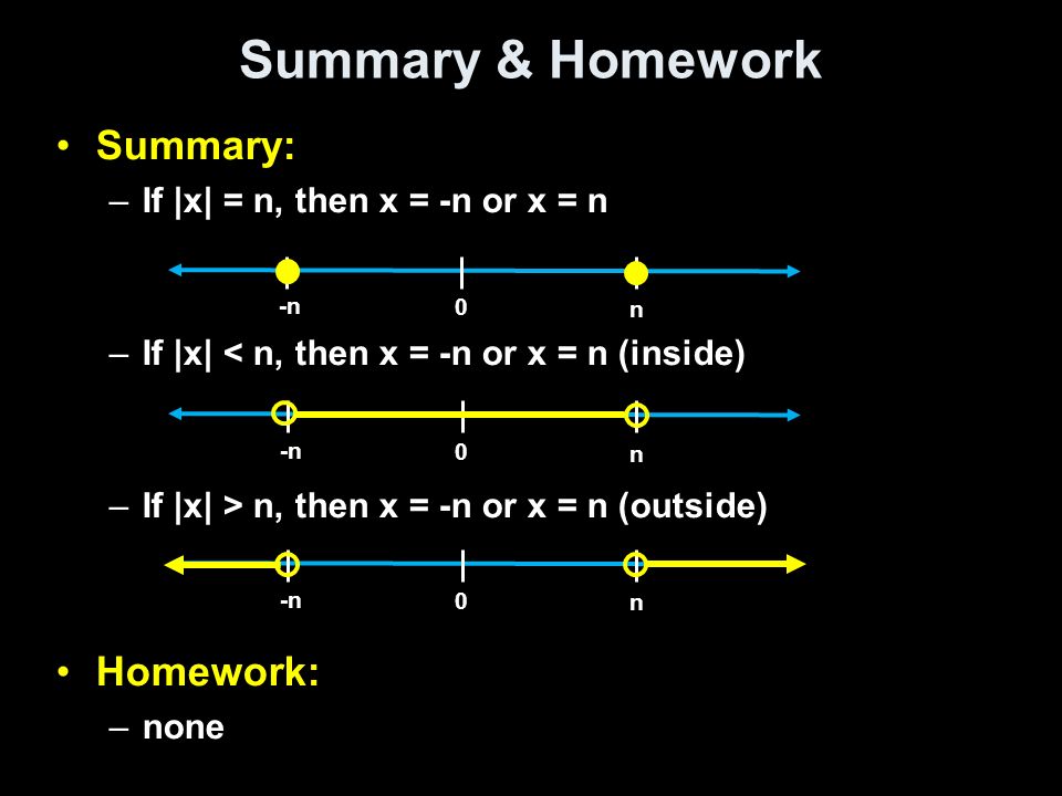 Summary & Homework Summary: Homework: If |x| = n, then x = -n or x = n