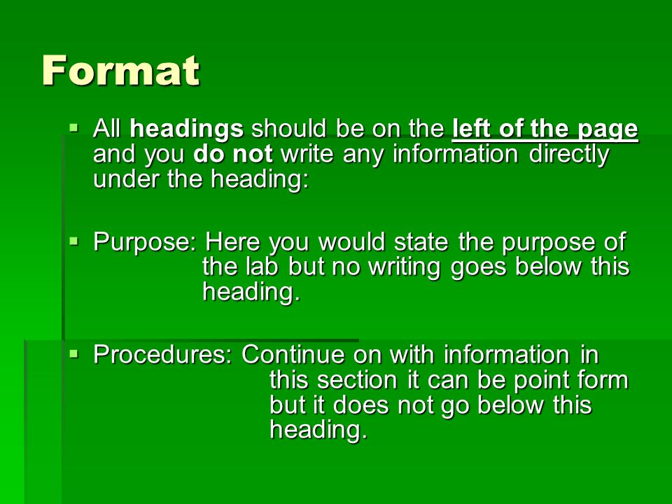 Format All headings should be on the left of the page and you do not write any information directly under the heading: