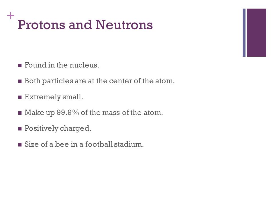 Protons and Neutrons Found in the nucleus.