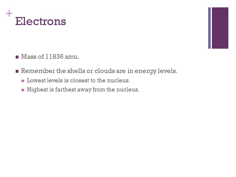 Electrons Mass of amu. Remember the shells or clouds are in energy levels. Lowest levels is closest to the nucleus.