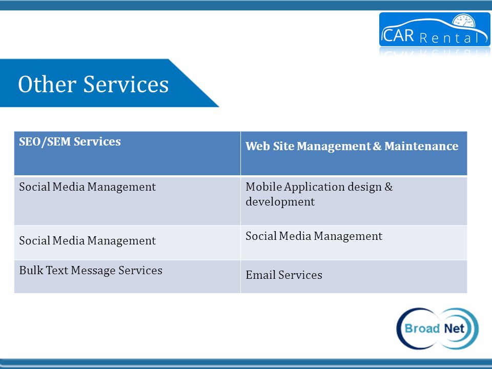 Other Services SEO/SEM Services Web Site Management & Maintenance