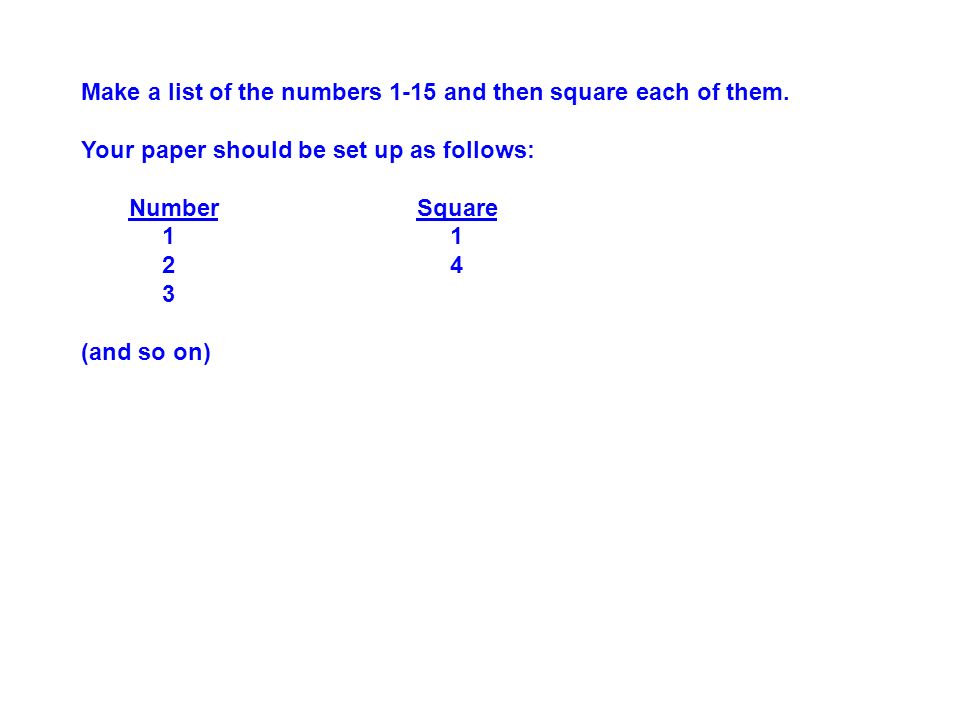 Make a list of the numbers 1-15 and then square each of them.