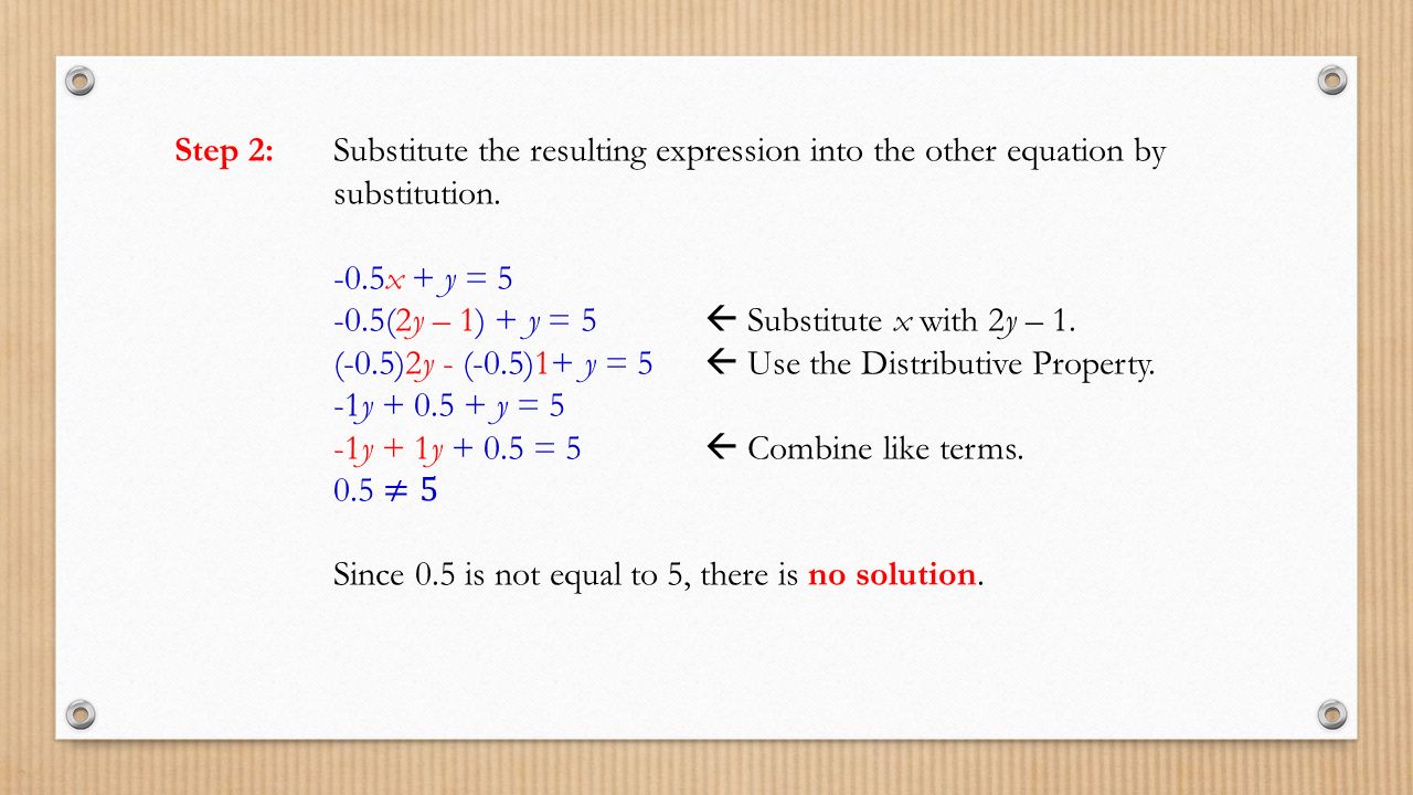 Step 2: Substitute the resulting expression into the other equation by substitution.
