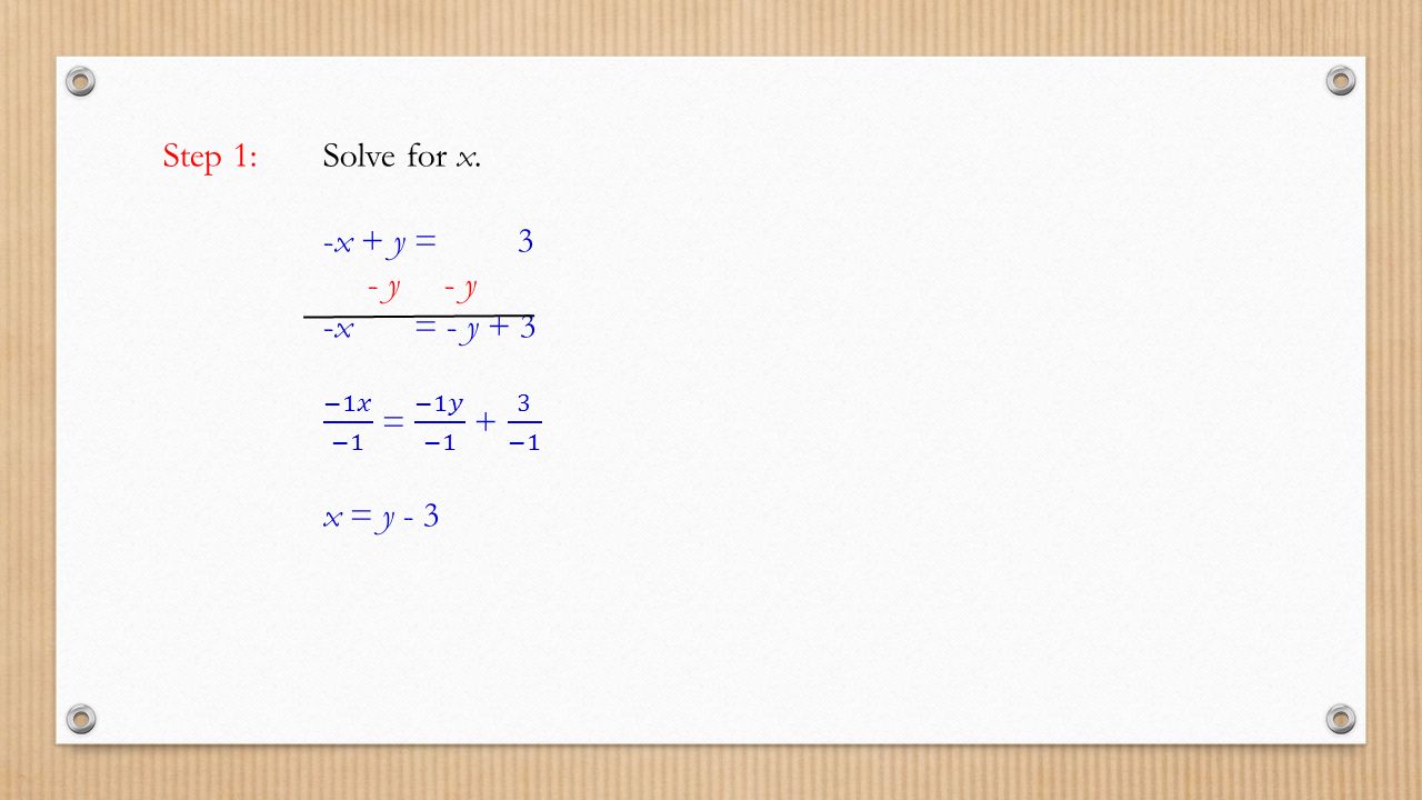 Step 1: Solve for x. -x + y = 3. - y - y. -x = - y + 3. −1𝑥 −1 = −1𝑦 −1 + 3 −1.