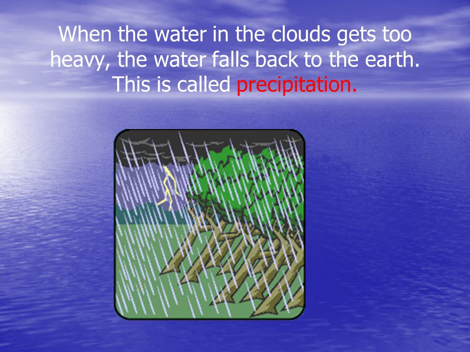 When the water in the clouds gets too heavy, the water falls back to the earth.