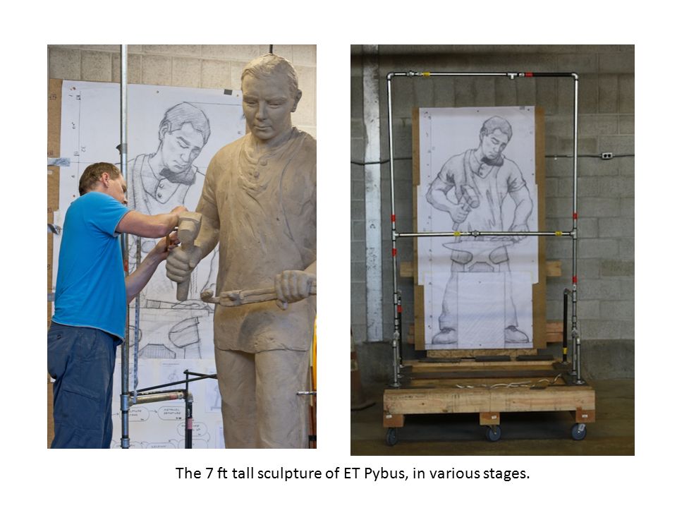 The 7 ft tall sculpture of ET Pybus, in various stages.