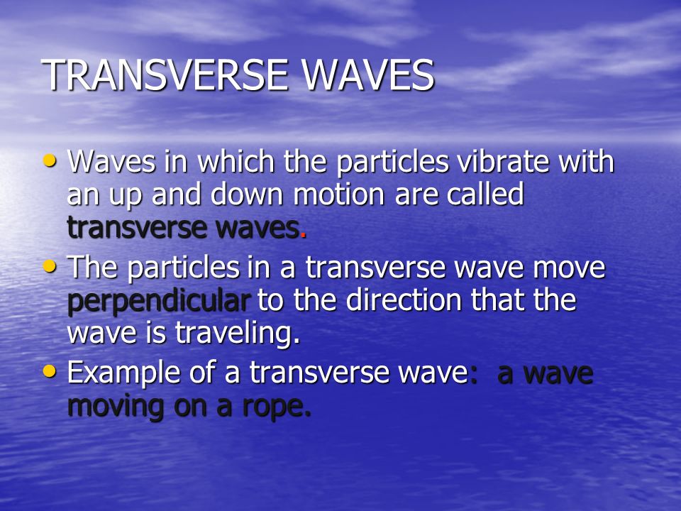 TRANSVERSE WAVES Waves in which the particles vibrate with an up and down motion are called transverse waves.
