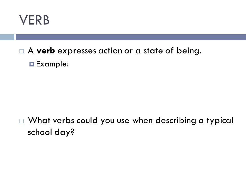 VERB A verb expresses action or a state of being.