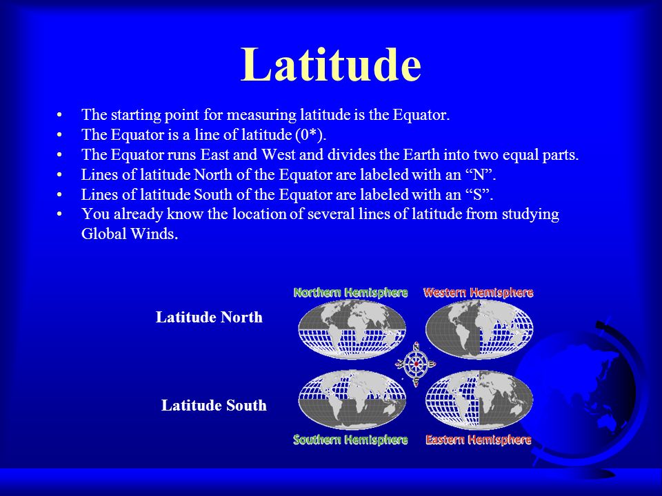 Latitude The starting point for measuring latitude is the Equator.