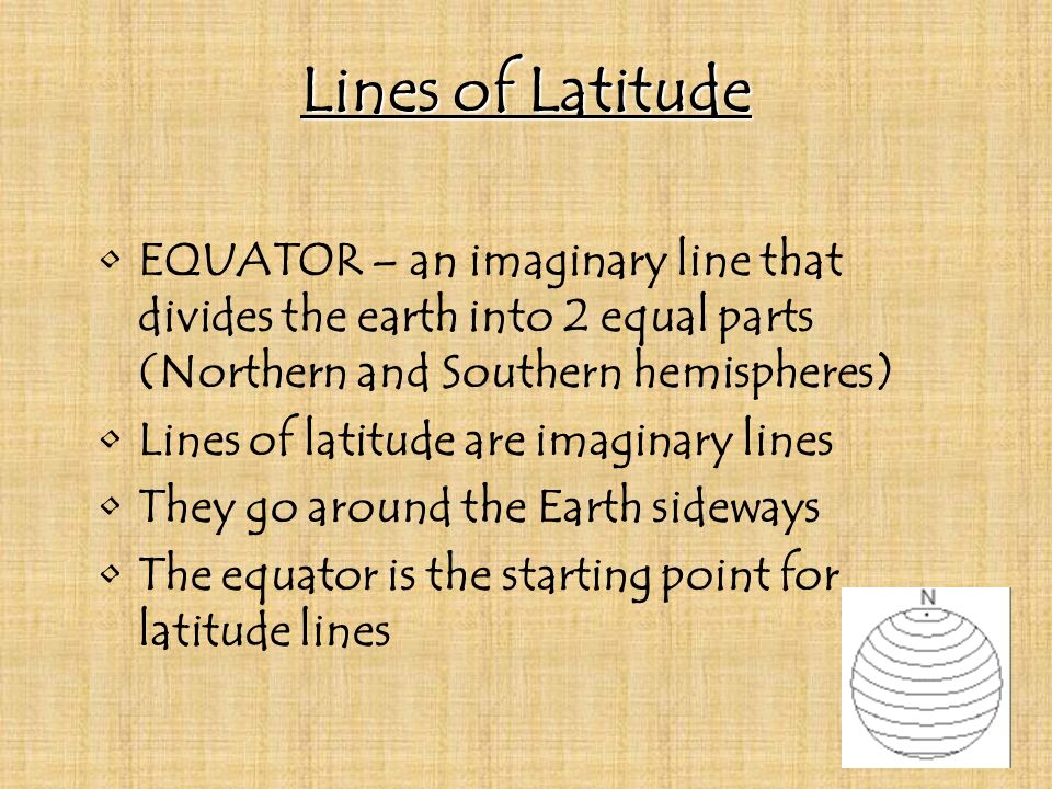 Lines of Latitude EQUATOR – an imaginary line that divides the earth into 2 equal parts (Northern and Southern hemispheres)