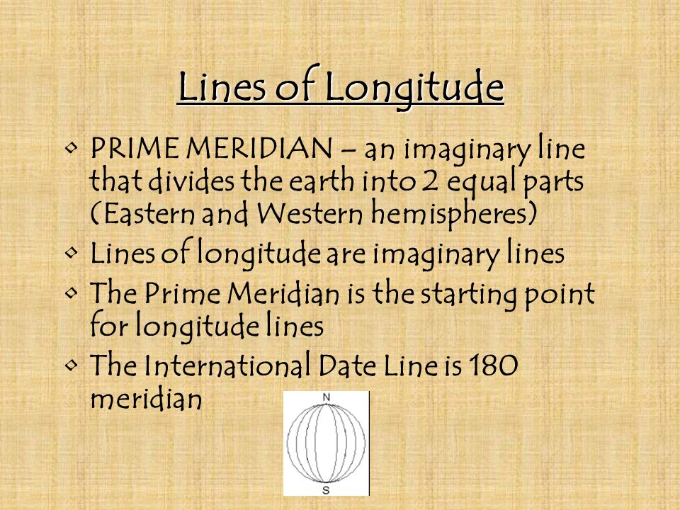 Lines of Longitude PRIME MERIDIAN – an imaginary line that divides the earth into 2 equal parts (Eastern and Western hemispheres)
