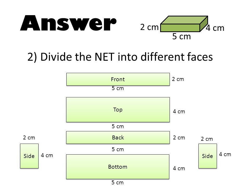 Answer 2) Divide the NET into different faces 2 cm 4 cm 5 cm Front