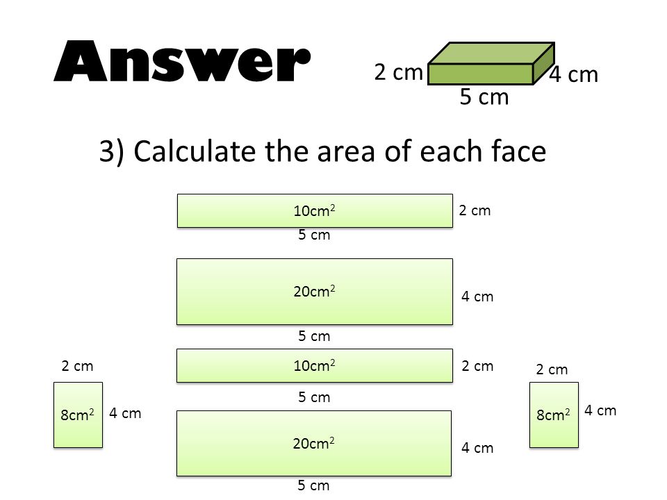 Answer 3) Calculate the area of each face 2 cm 4 cm 5 cm 10cm2 2 cm