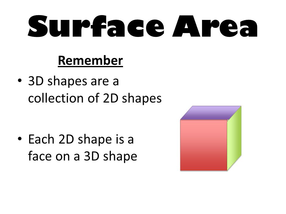 Surface Area Remember 3D shapes are a collection of 2D shapes