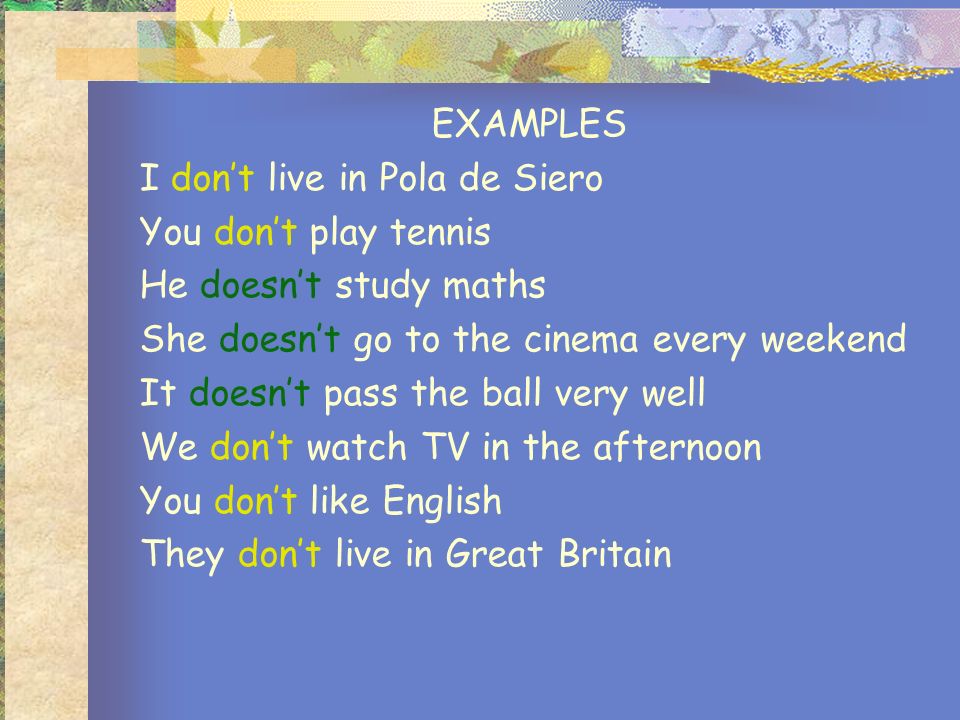 EXAMPLES I don’t live in Pola de Siero. You don’t play tennis. He doesn’t study maths. She doesn’t go to the cinema every weekend.