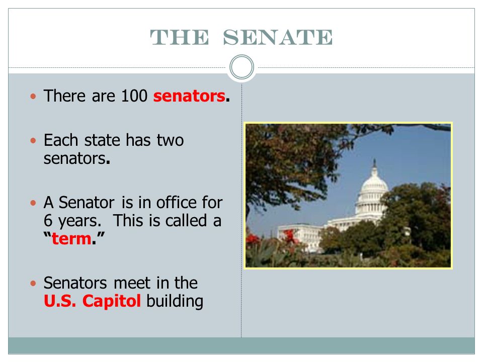 The senate There are 100 senators. Each state has two senators.