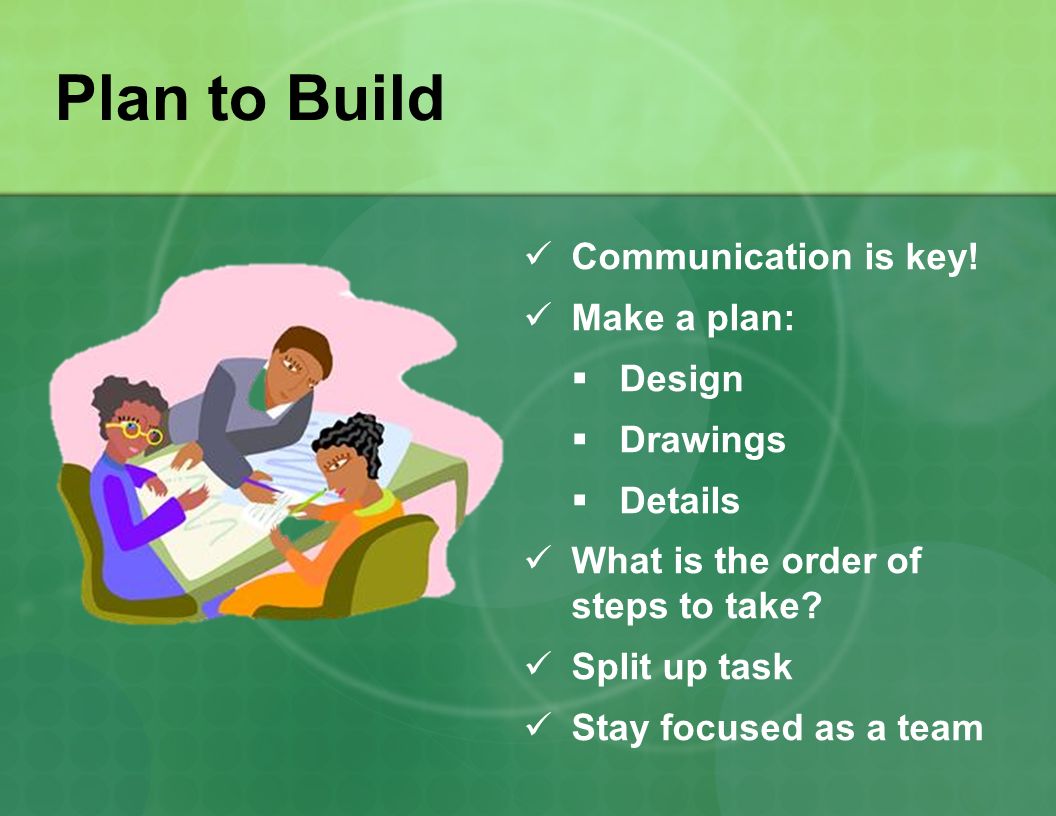 Plan to Build Communication is key! Make a plan: Design Drawings