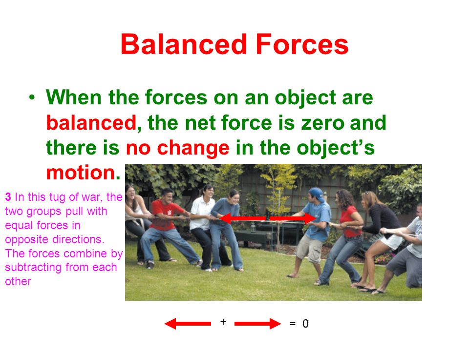 Balanced Forces When the forces on an object are balanced, the net force is zero and there is no change in the object’s motion.
