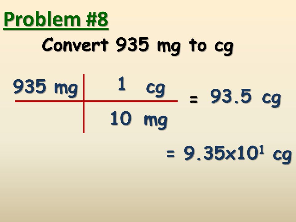 Problem #8 Convert 935 mg to cg mg cg 93.5 cg = 10 mg