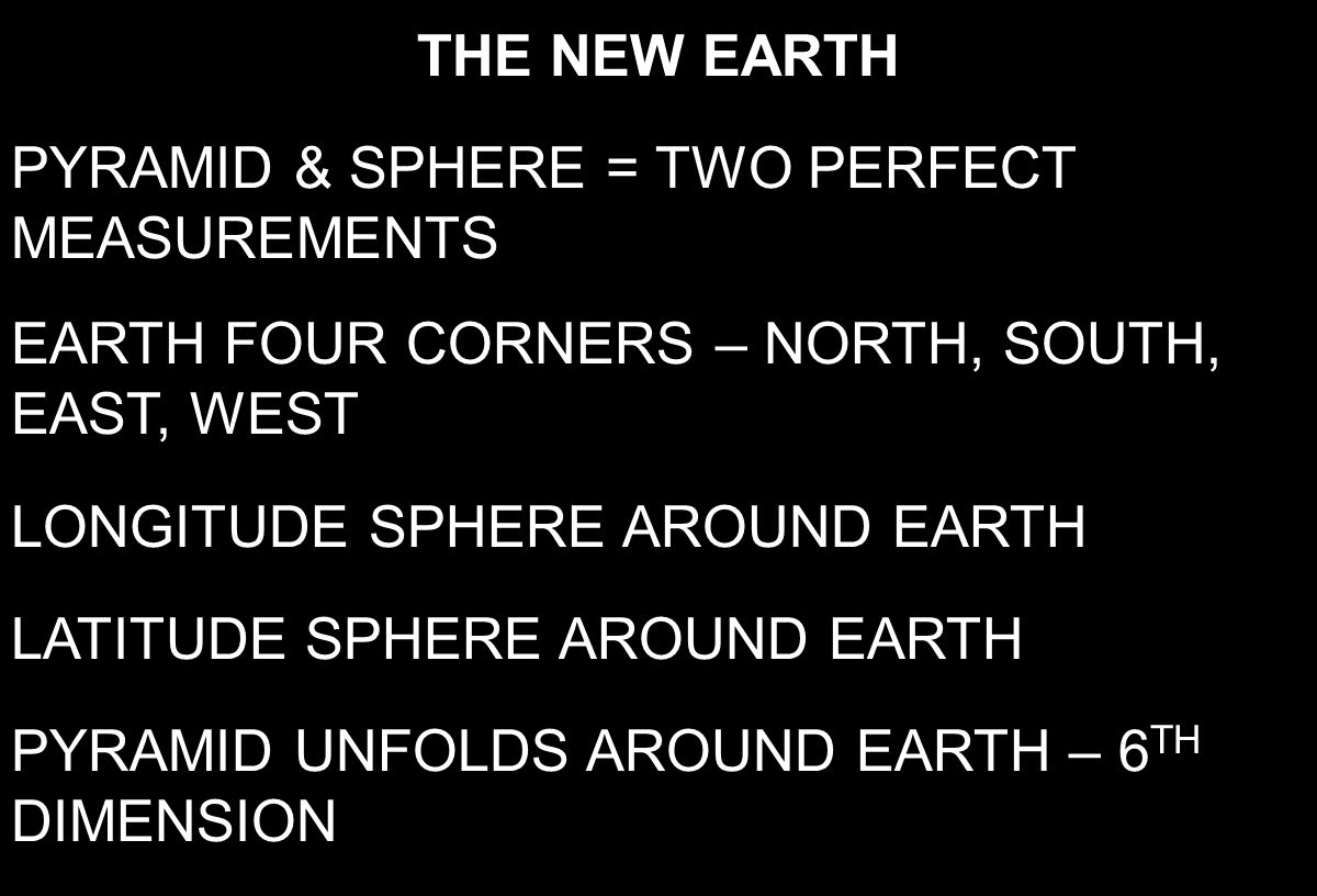 THE NEW EARTH PYRAMID & SPHERE = TWO PERFECT MEASUREMENTS. EARTH FOUR CORNERS – NORTH, SOUTH, EAST, WEST.