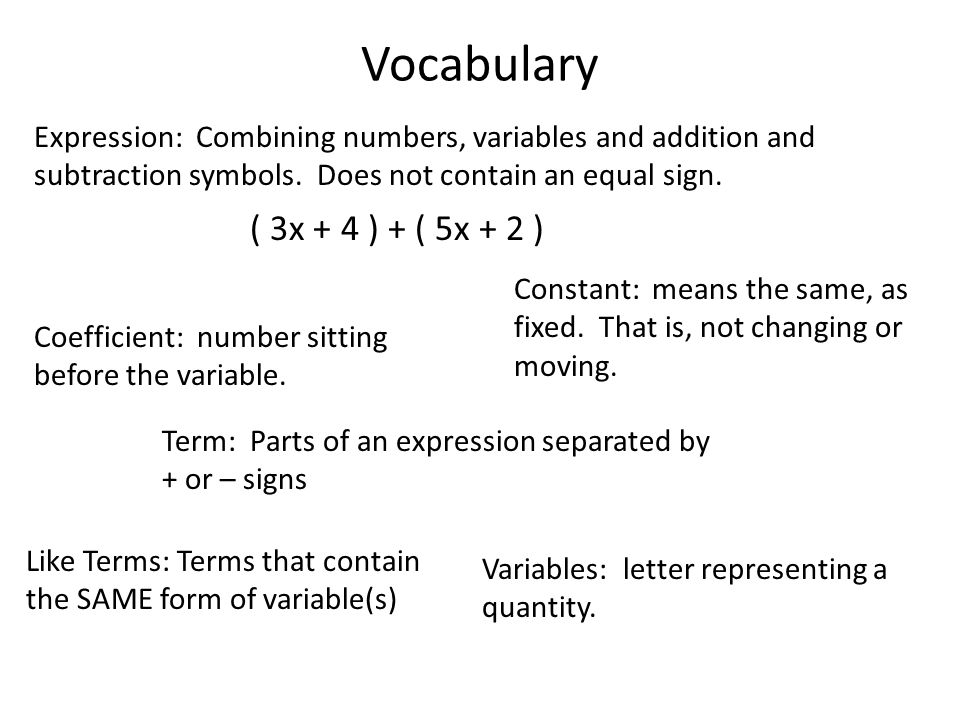 Vocabulary Expression: Combining numbers, variables and addition and subtraction symbols. Does not contain an equal sign.