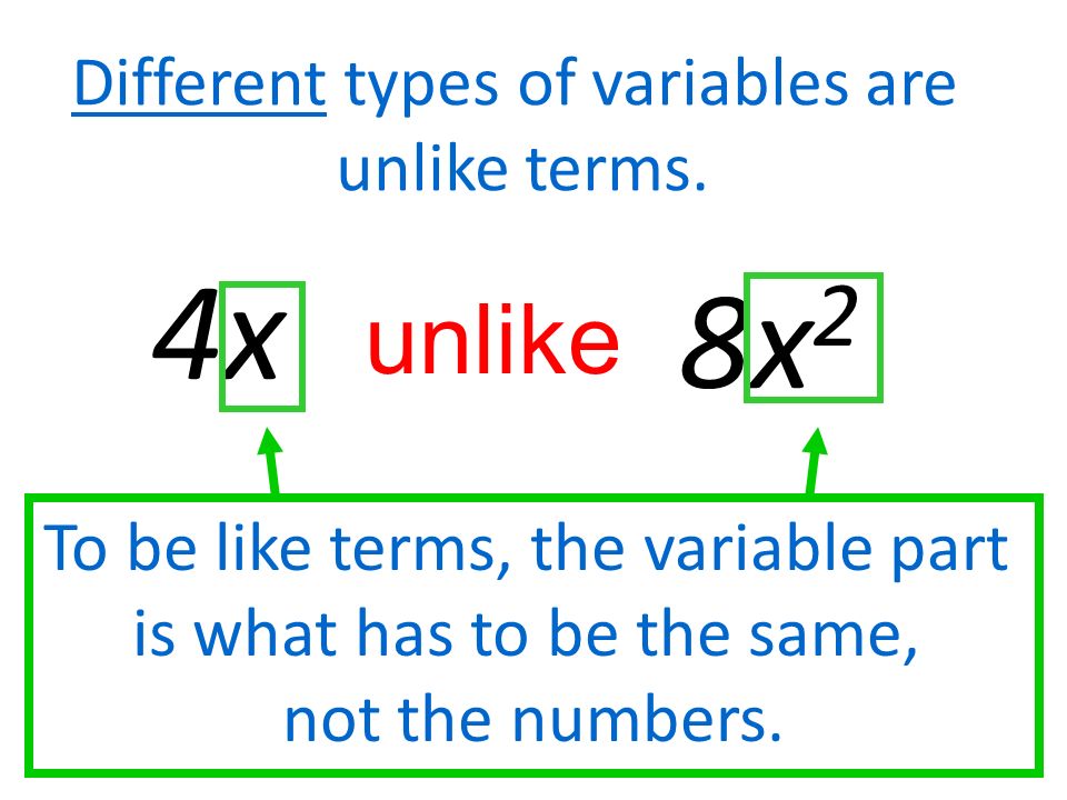 4x 8x2 unlike Different types of variables are unlike terms.