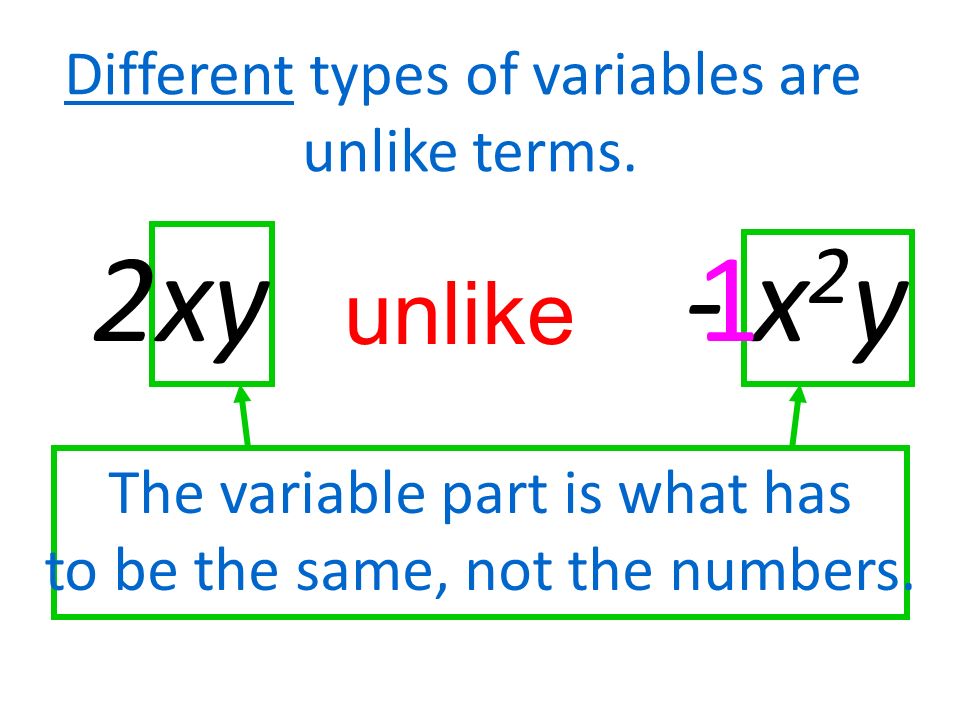 2xy - x2y 1 unlike Different types of variables are unlike terms.