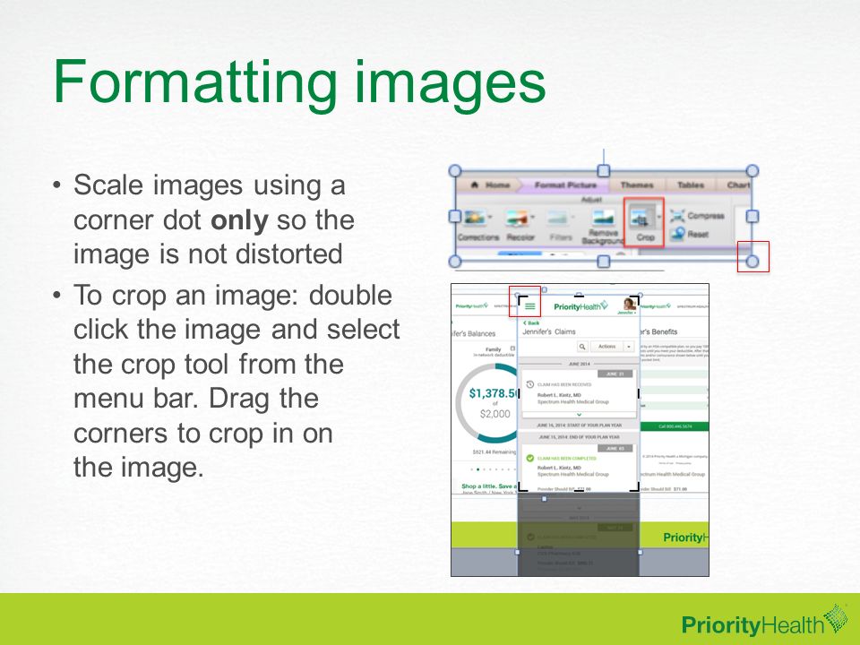 Formatting images Scale images using a corner dot only so the image is not distorted.