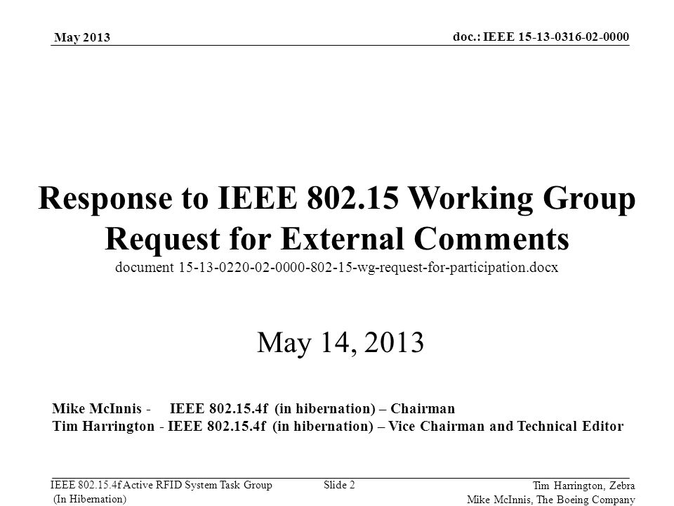 Response to IEEE Working Group Request for External Comments