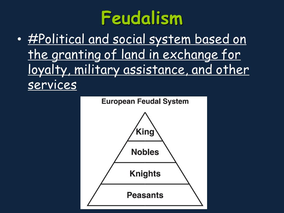 Feudalism #Political and social system based on the granting of land in exchange for loyalty, military assistance, and other services.