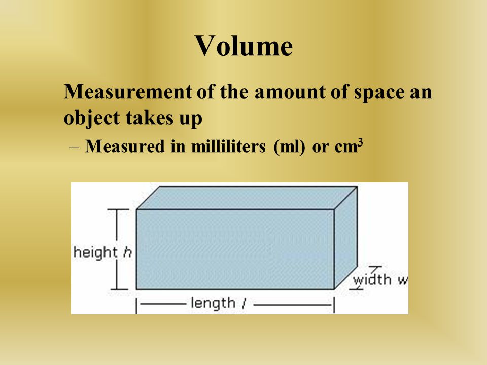 Volume Measurement of the amount of space an object takes up