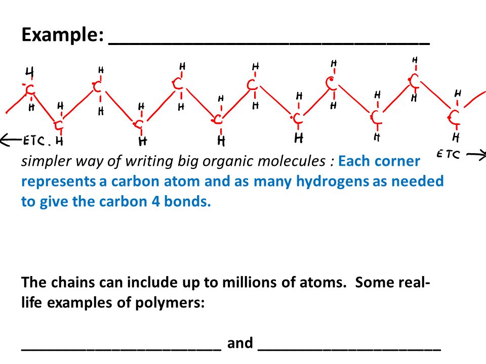 Example: ______________________________ simpler way of writing big organic molecules : Each corner represents a carbon atom and as many hydrogens as needed to give the carbon 4 bonds.