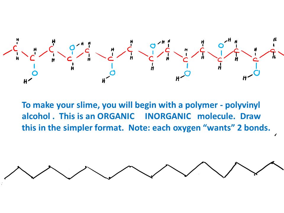 To make your slime, you will begin with a polymer - polyvinyl alcohol