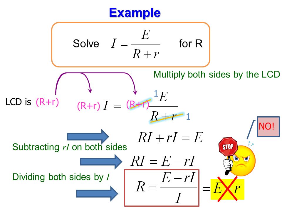 Example Solve for R Multiply both sides by the LCD 1 LCD is (R+r)