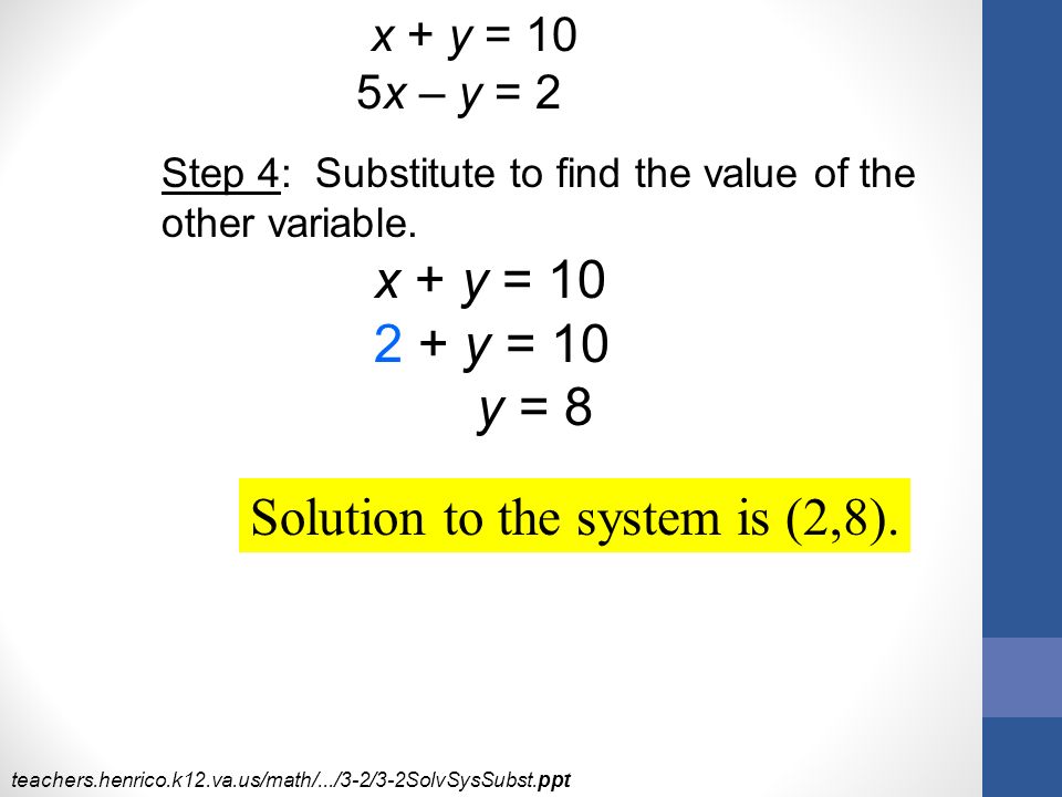 Solution to the system is (2,8).
