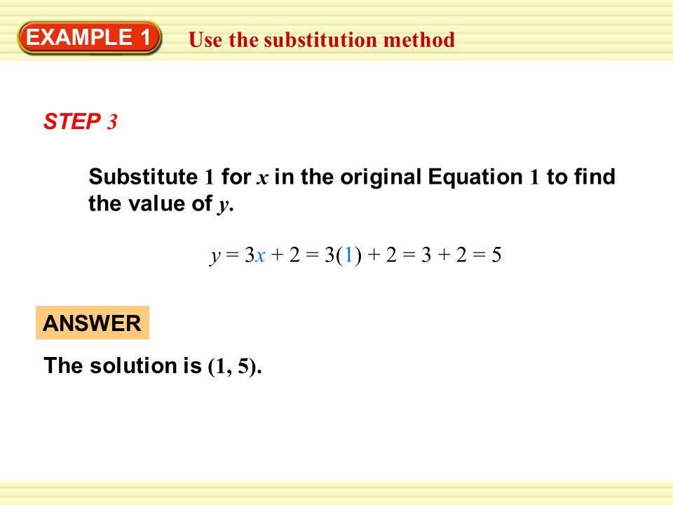 EXAMPLE 1 Use the substitution method. STEP 3. Substitute 1 for x in the original Equation 1 to find the value of y.