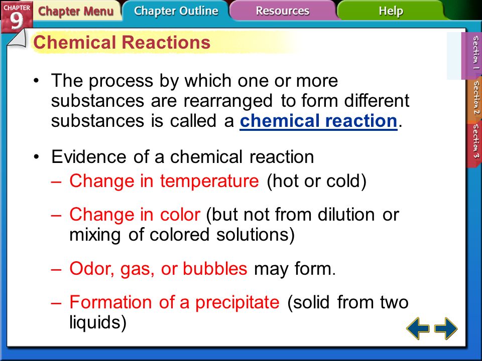 Evidence of a chemical reaction Change in temperature (hot or cold)
