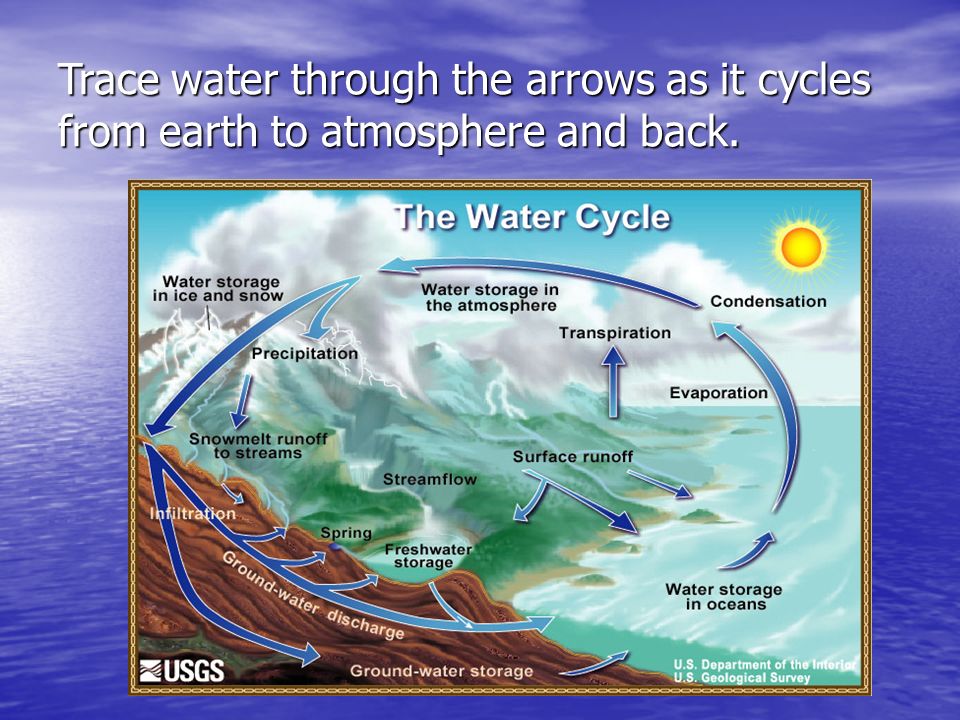 Trace water through the arrows as it cycles from earth to atmosphere and back.