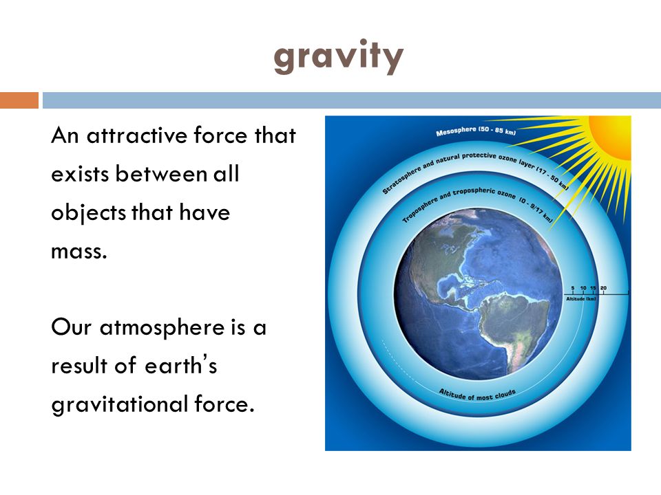 gravity An attractive force that exists between all objects that have mass.