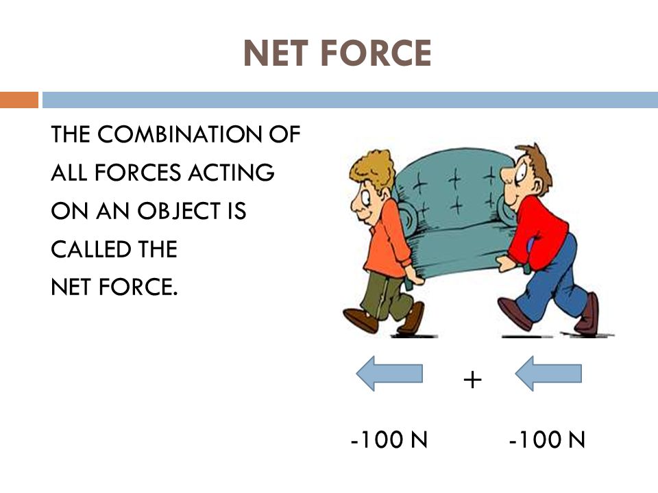 NET FORCE THE COMBINATION OF ALL FORCES ACTING ON AN OBJECT IS CALLED THE NET FORCE N -100 N
