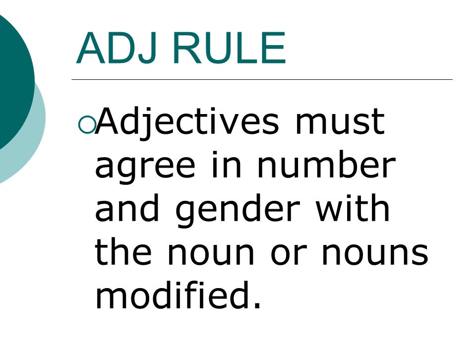 ADJ RULE Adjectives must agree in number and gender with the noun or nouns modified.