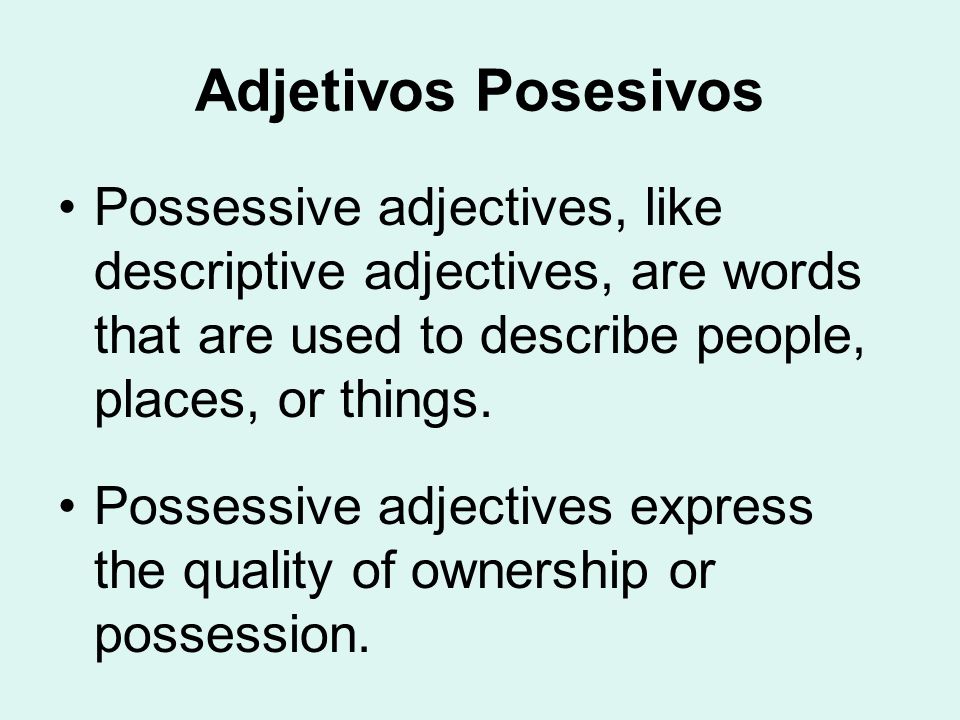 Adjetivos Posesivos Possessive adjectives, like descriptive adjectives, are words that are used to describe people, places, or things.