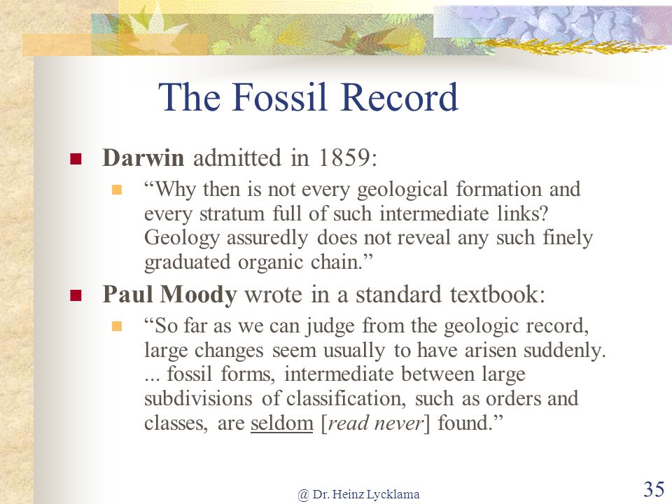 The Fossil Record Darwin admitted in 1859: