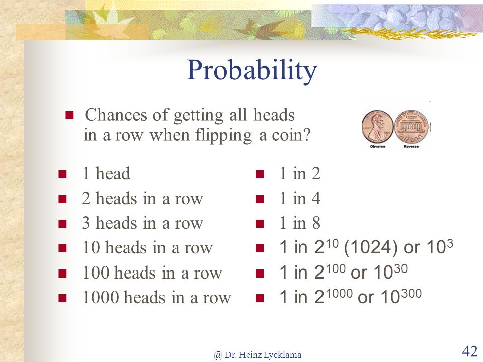 Probability Chances of getting all heads in a row when flipping a coin 1 head. 2 heads in a row.