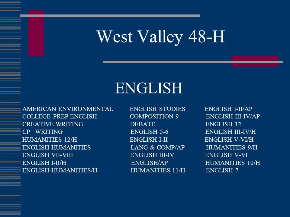 West Valley 48-H ENGLISH. AMERICAN ENVIRONMENTAL ENGLISH STUDIES ENGLISH I-II/AP.
