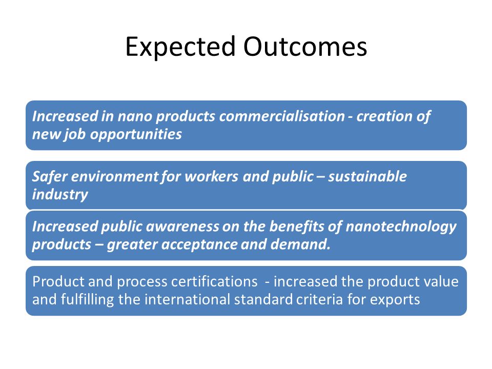 Expected Outcomes Increased in nano products commercialisation - creation of new job opportunities.