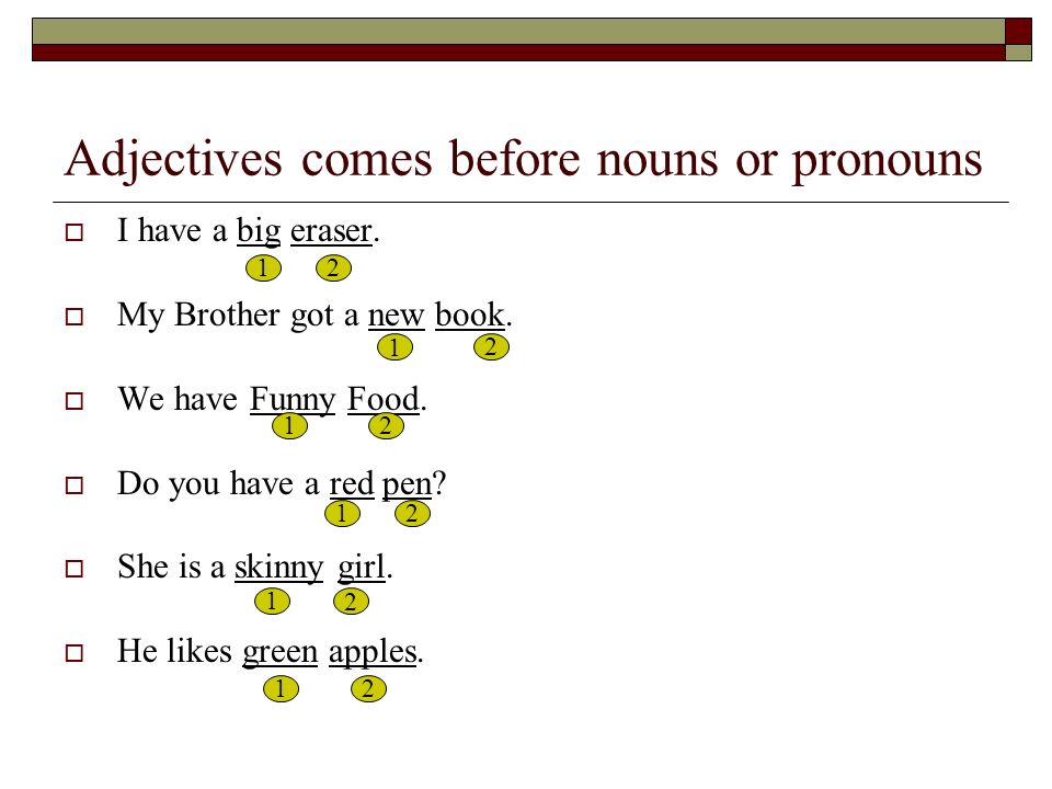 Adjectives comes before nouns or pronouns