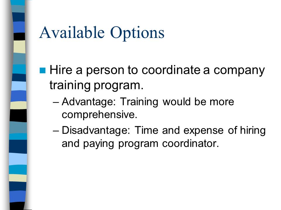 Available Options Hire a person to coordinate a company training program. Advantage: Training would be more comprehensive.